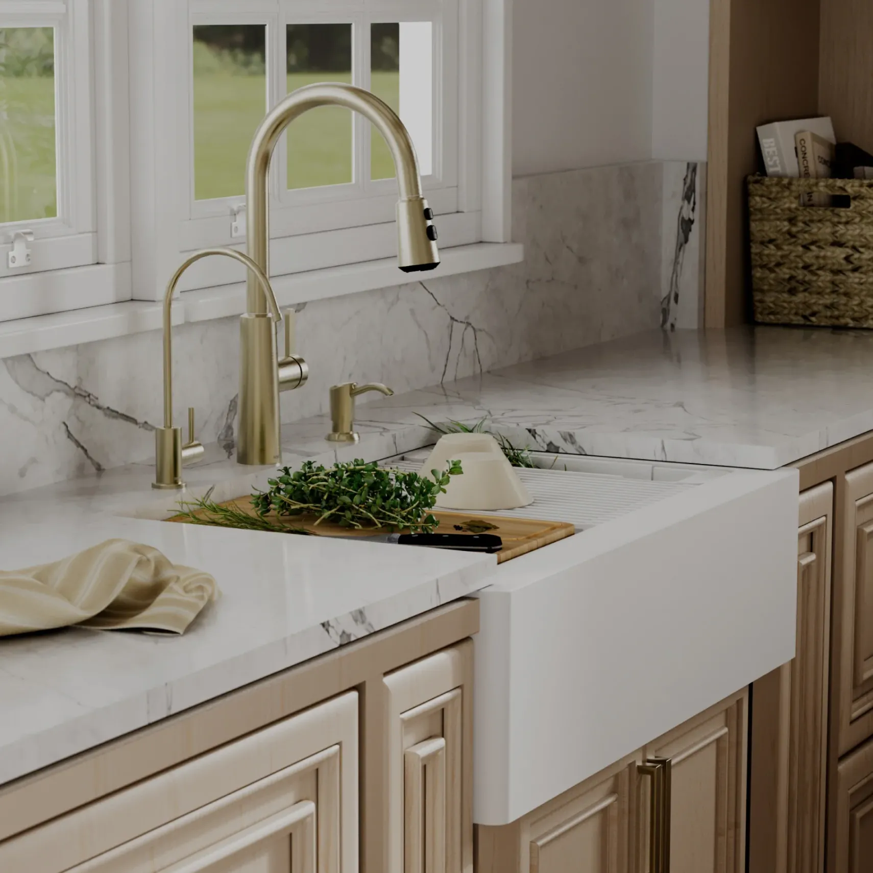 Karran 34" Quartz Composite Workstation Farmhouse Sink, White, QAWS-740-WH-PK2