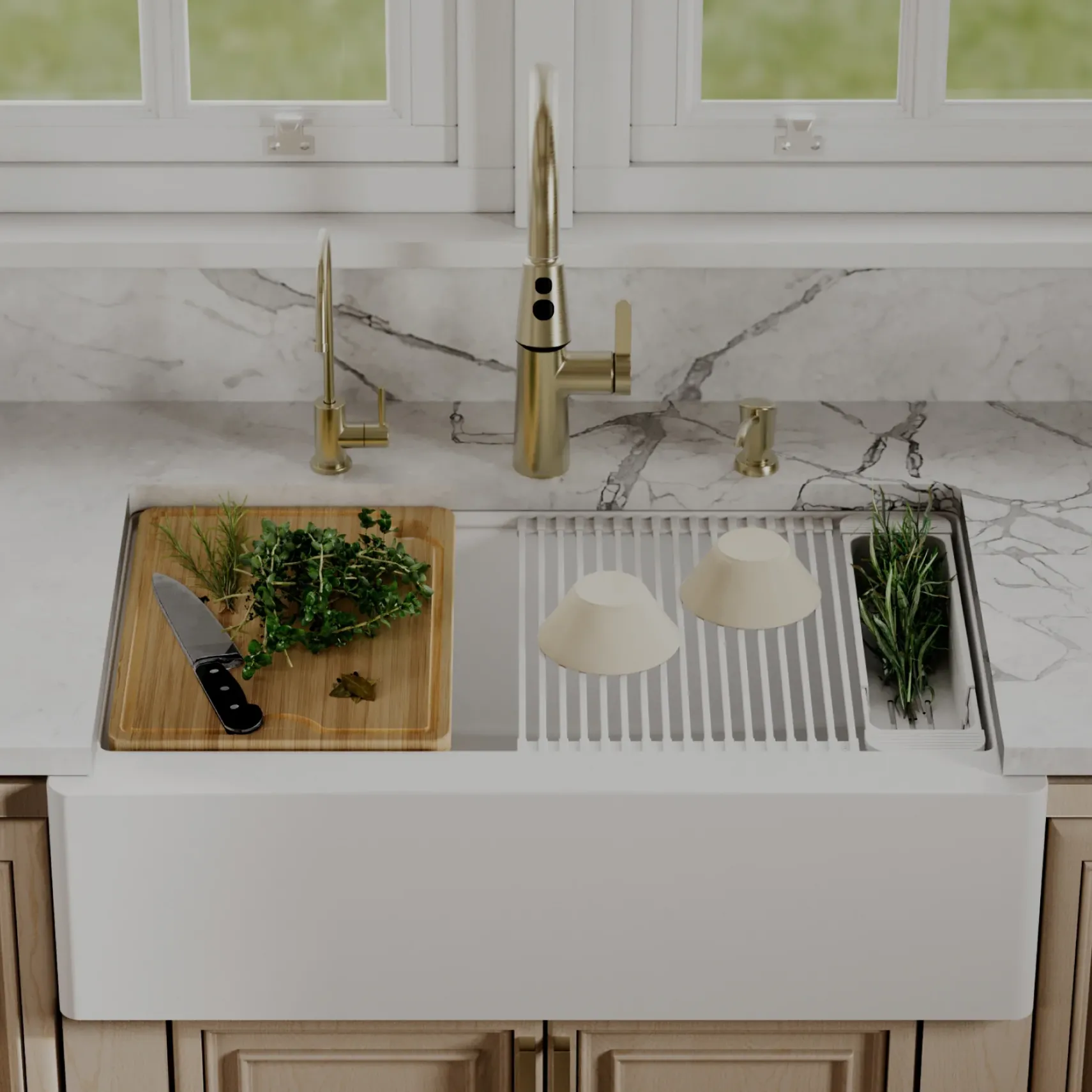 Karran 34" Quartz Composite Workstation Farmhouse Sink, White, QAWS-740-WH-PK2