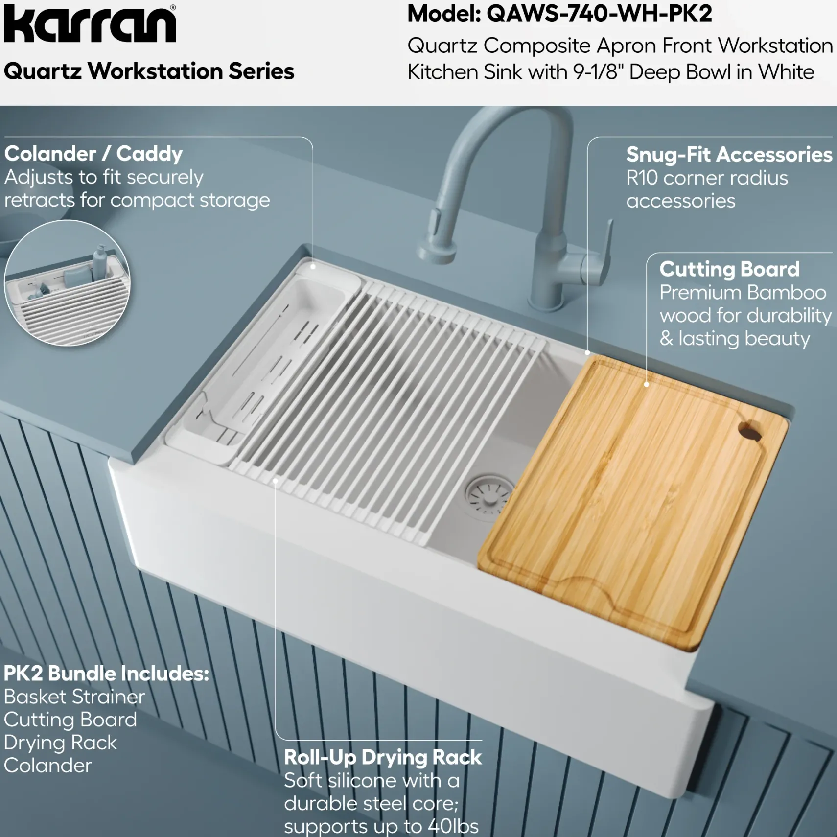 Karran 34" Quartz Composite Workstation Farmhouse Sink, White, QAWS-740-WH-PK2