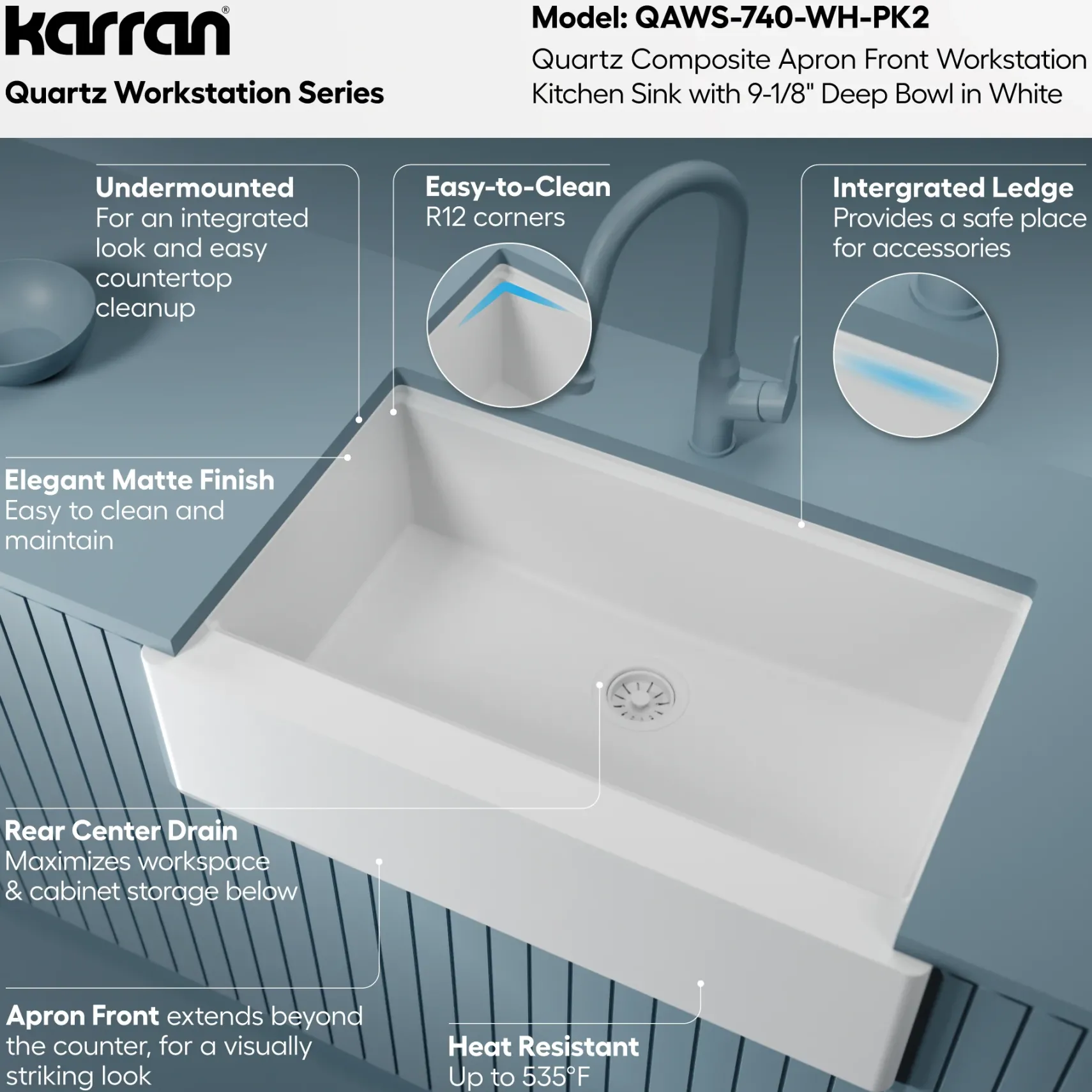 Karran 34" Quartz Composite Workstation Farmhouse Sink, White, QAWS-740-WH-PK2