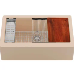 Karran 34" Quartz Composite Workstation Farmhouse Sink with Accessories, Bisque, QAWS-740-BI