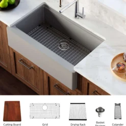 Karran 34" Quartz Composite Workstation Farmhouse Sink with Accessories, Grey, QAWS-740-GR