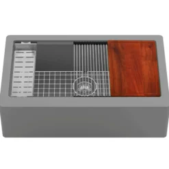Karran 34" Quartz Composite Workstation Farmhouse Sink with Accessories, Grey, QAWS-740-GR