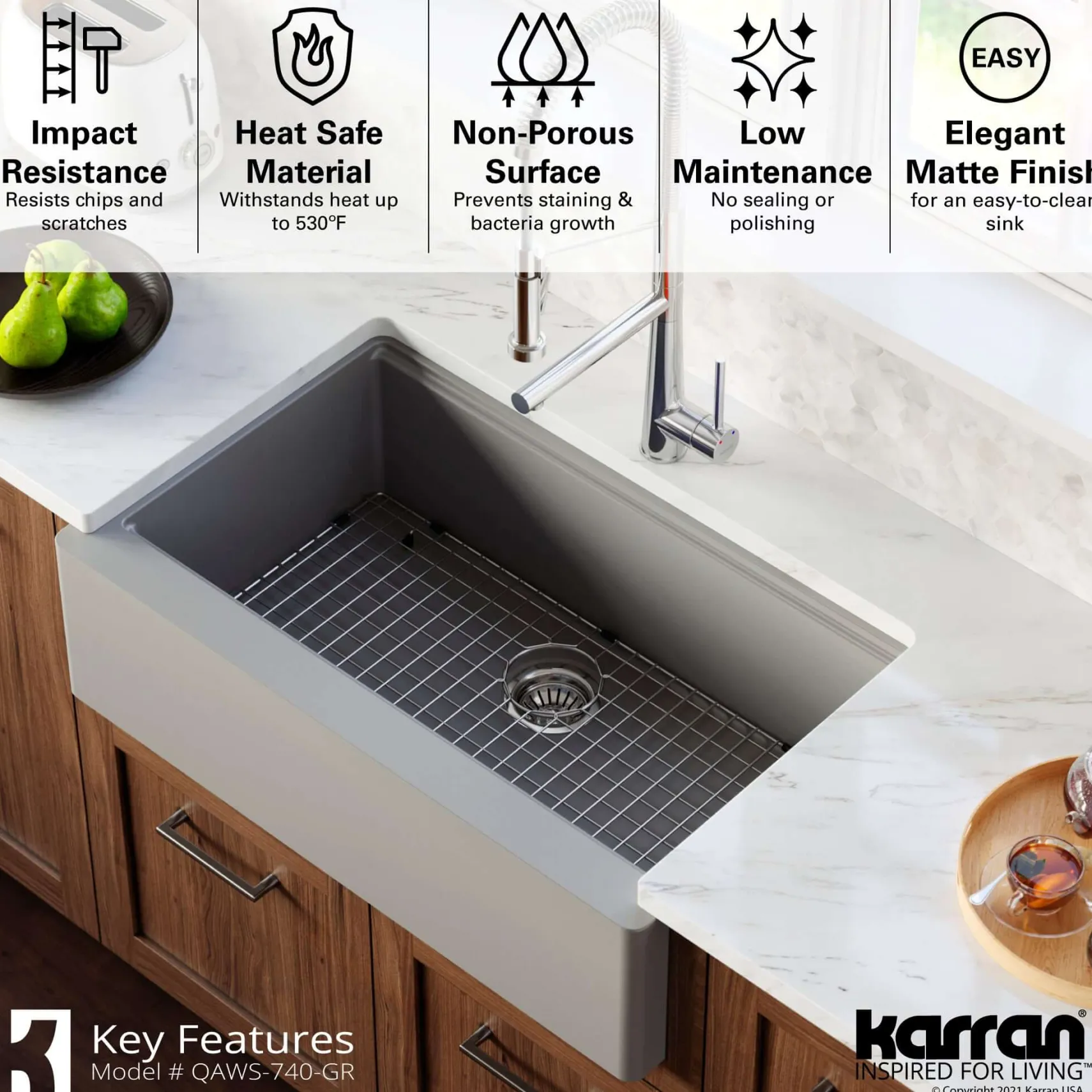 Karran 34" Quartz Composite Workstation Farmhouse Sink with Accessories, Grey, QAWS-740-GR
