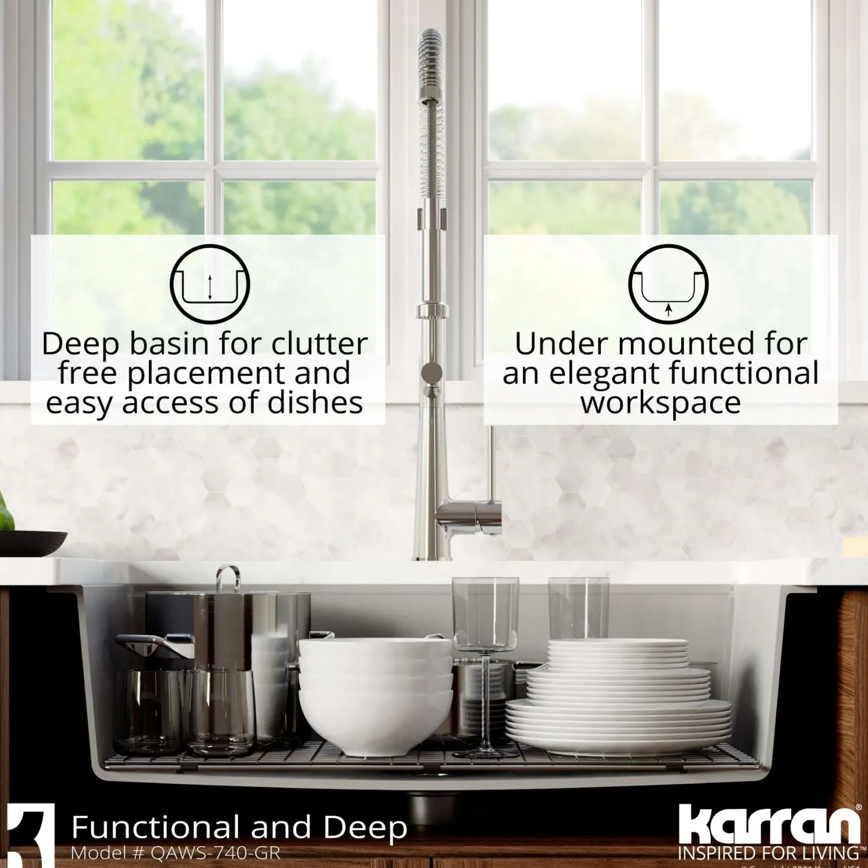 Karran 34" Quartz Composite Workstation Farmhouse Sink with Accessories, Grey, QAWS-740-GR