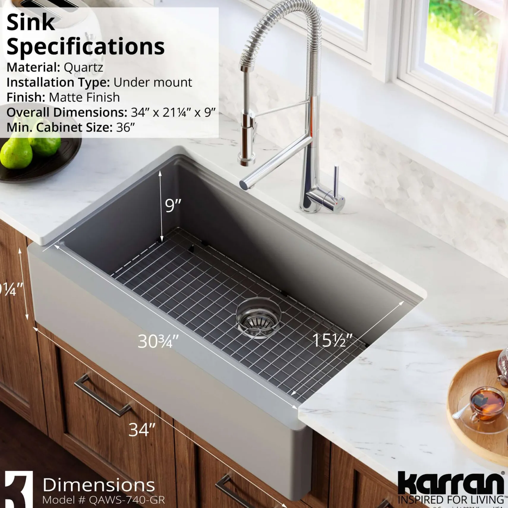 Karran 34" Quartz Composite Workstation Farmhouse Sink with Accessories, Grey, QAWS-740-GR