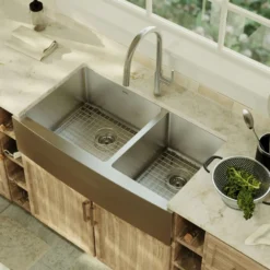 Karran 36" Stainless Steel Farmhouse Sink with Accessories, 60/40 Double Bowl, 16 Gauge, EL-87-PK1