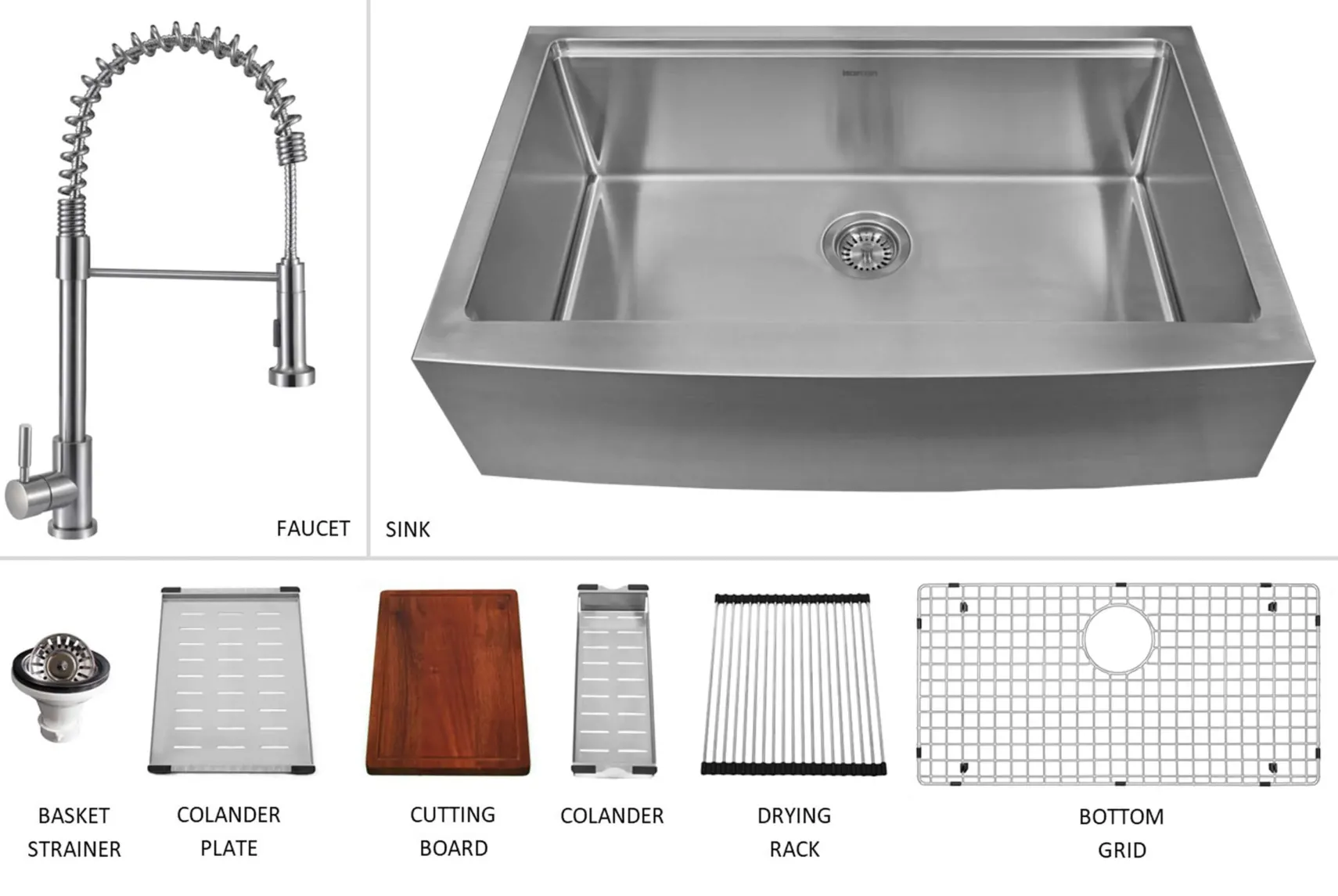 Karran 33" Stainless Steel Workstation Farmhouse Sink with Faucet and Accessories, 16 Gauge, WS-45-PK2
