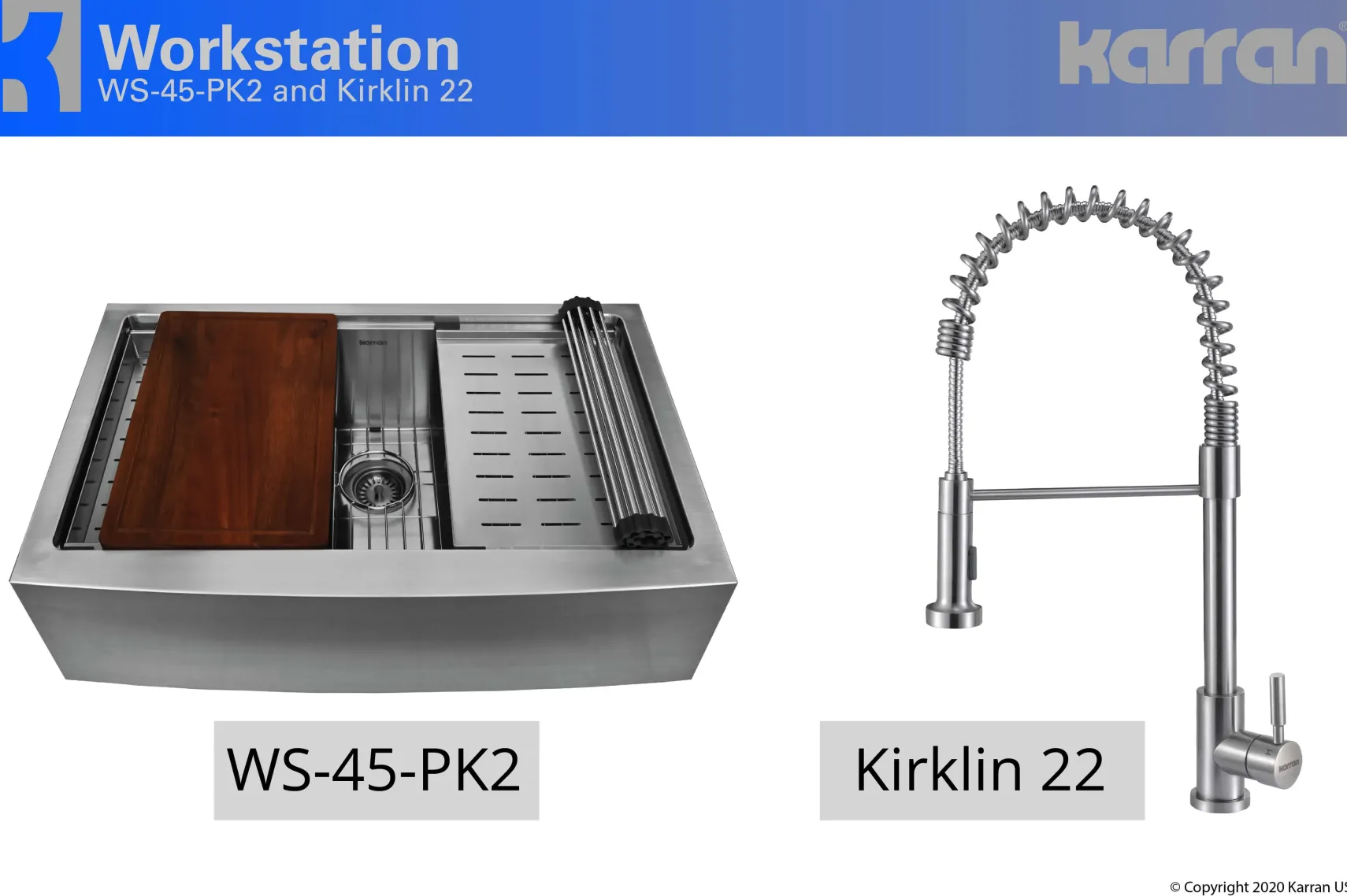 Karran 33" Stainless Steel Workstation Farmhouse Sink with Faucet and Accessories, 16 Gauge, WS-45-PK2