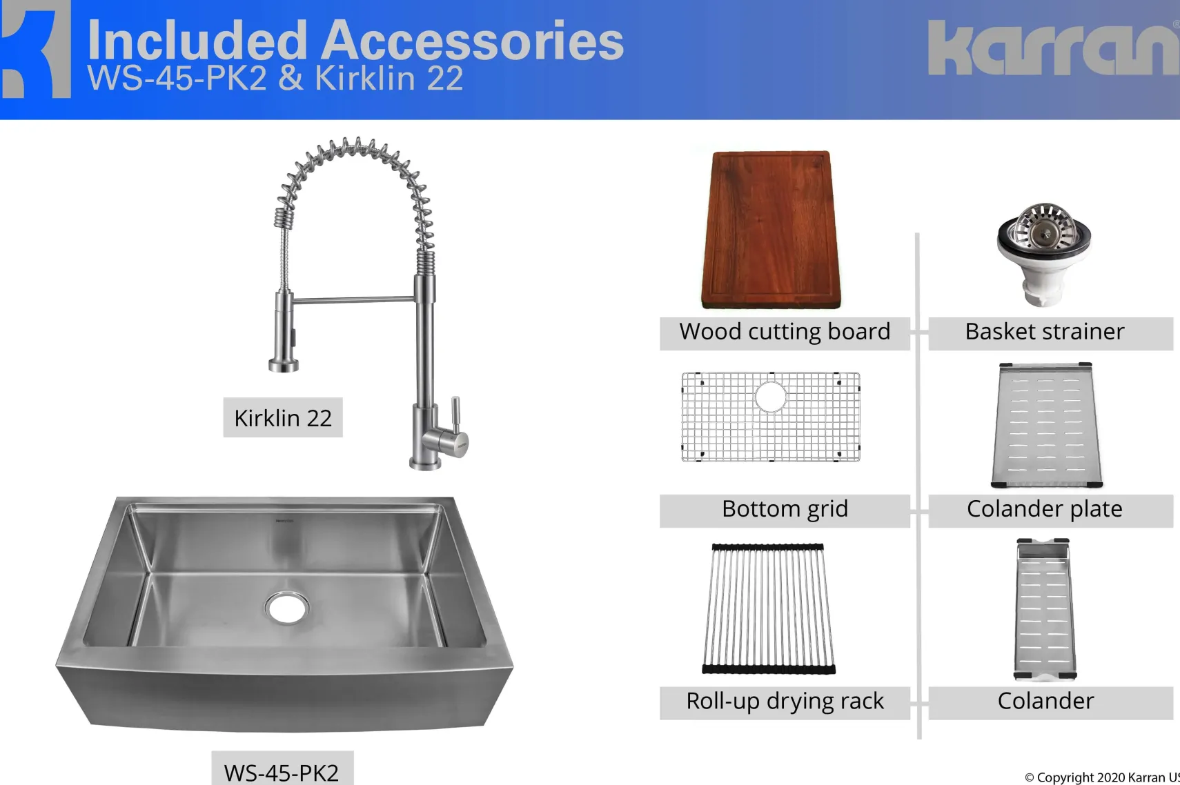 Karran 33" Stainless Steel Workstation Farmhouse Sink with Faucet and Accessories, 16 Gauge, WS-45-PK2