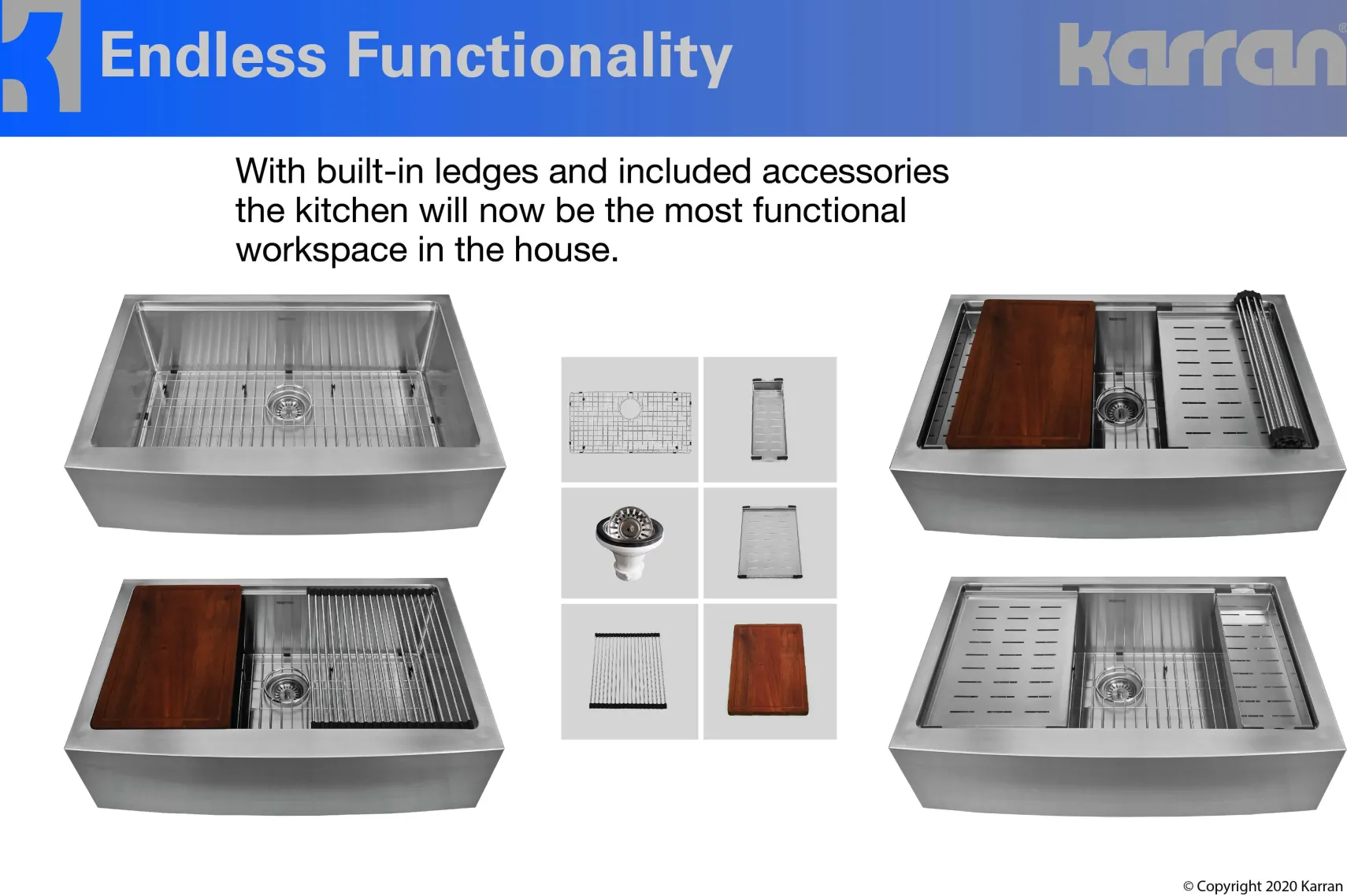 Karran 33" Stainless Steel Workstation Farmhouse Sink with Faucet and Accessories, 16 Gauge, WS-45-PK2