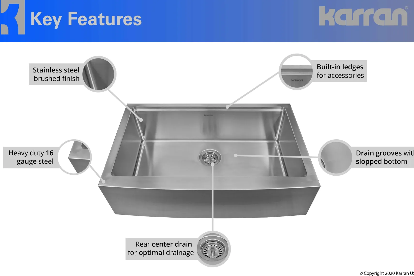 Karran 33" Stainless Steel Workstation Farmhouse Sink with Faucet and Accessories, 16 Gauge, WS-45-PK2
