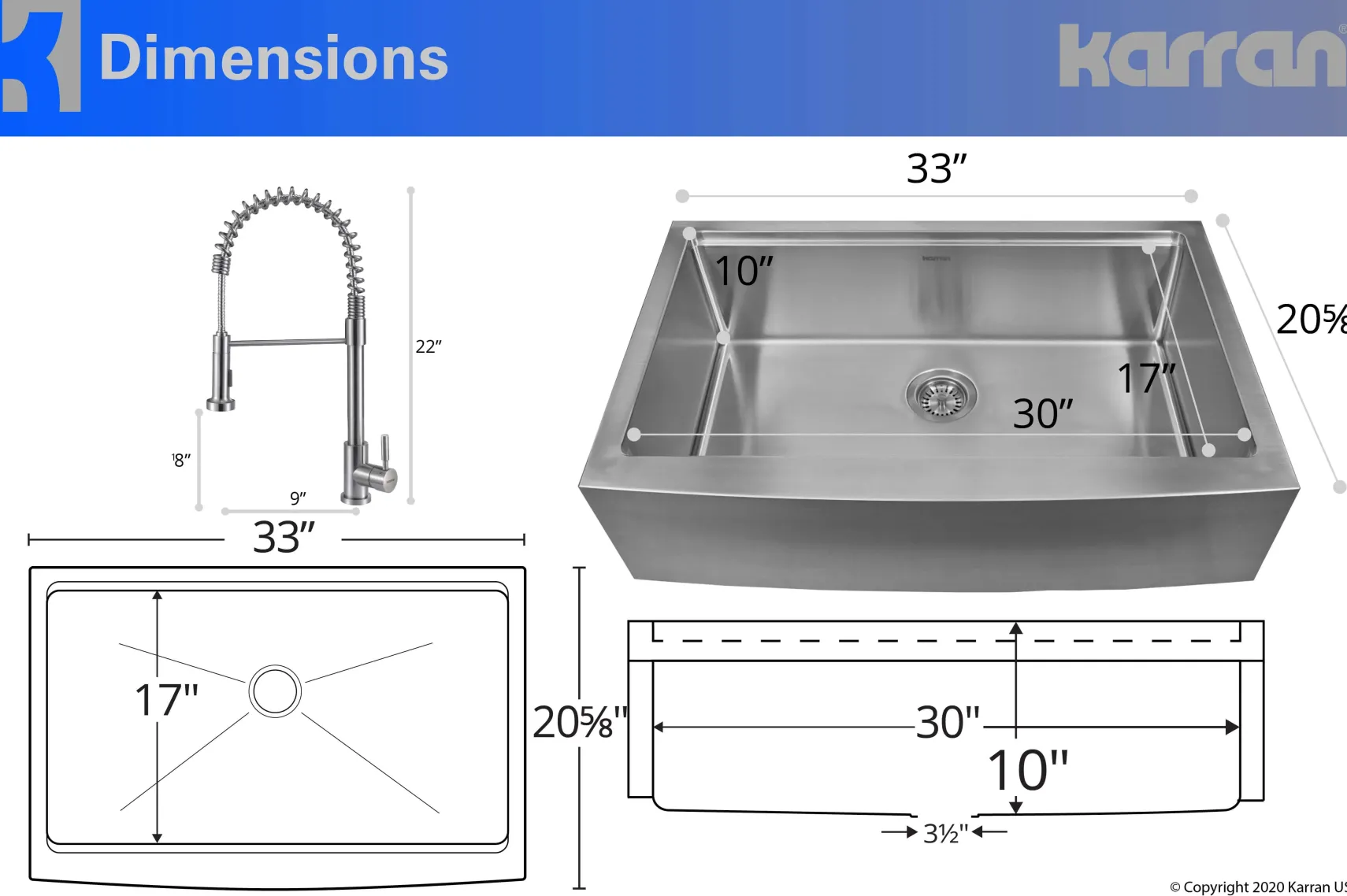 Karran 33" Stainless Steel Workstation Farmhouse Sink with Faucet and Accessories, 16 Gauge, WS-45-PK2