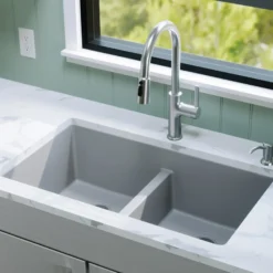 Karran 32" Undermount Quartz Composite Kitchen Sink, 50/50 Double Bowl, Grey, QU-810-GR