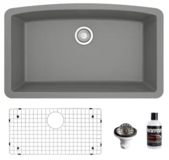 Karran 32" Undermount Quartz Composite Kitchen Sink, Grey, QU-712-GR-PK1