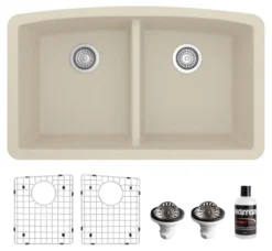 Karran 33" Undermount Quartz Composite Kitchen Sink, 50/50 Double Bowl, Bisque, QU-710-BI-PK1