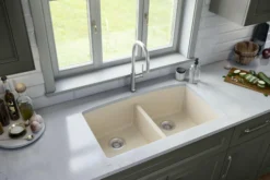 Karran 33" Undermount Quartz Composite Kitchen Sink, 50/50 Double Bowl, Bisque, QU-710-BI-PK1