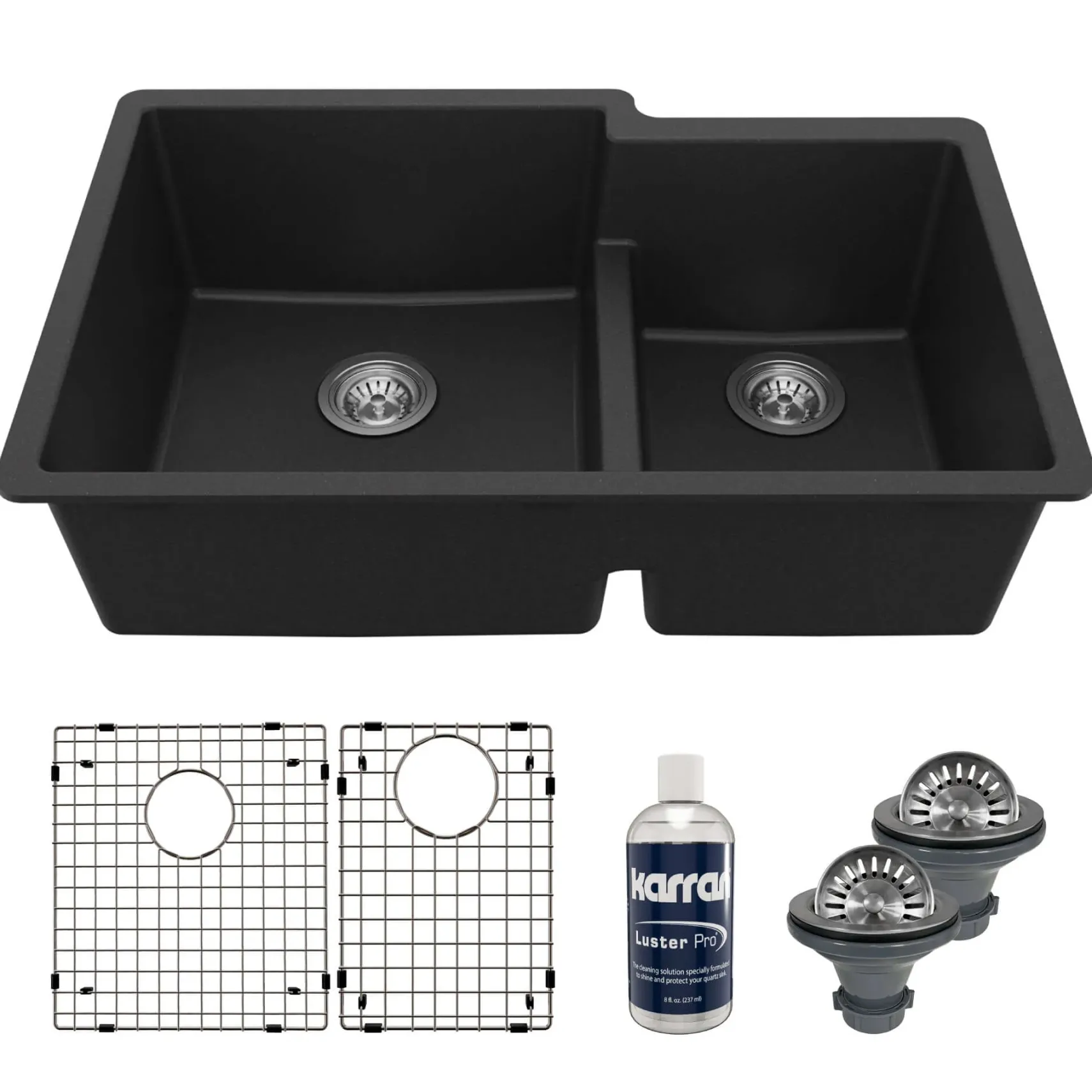 Karran 32" Undermount Quartz Composite Kitchen Sink with Accessories, 60/40 Double Bowl, Black, QU-811-BL-PK1