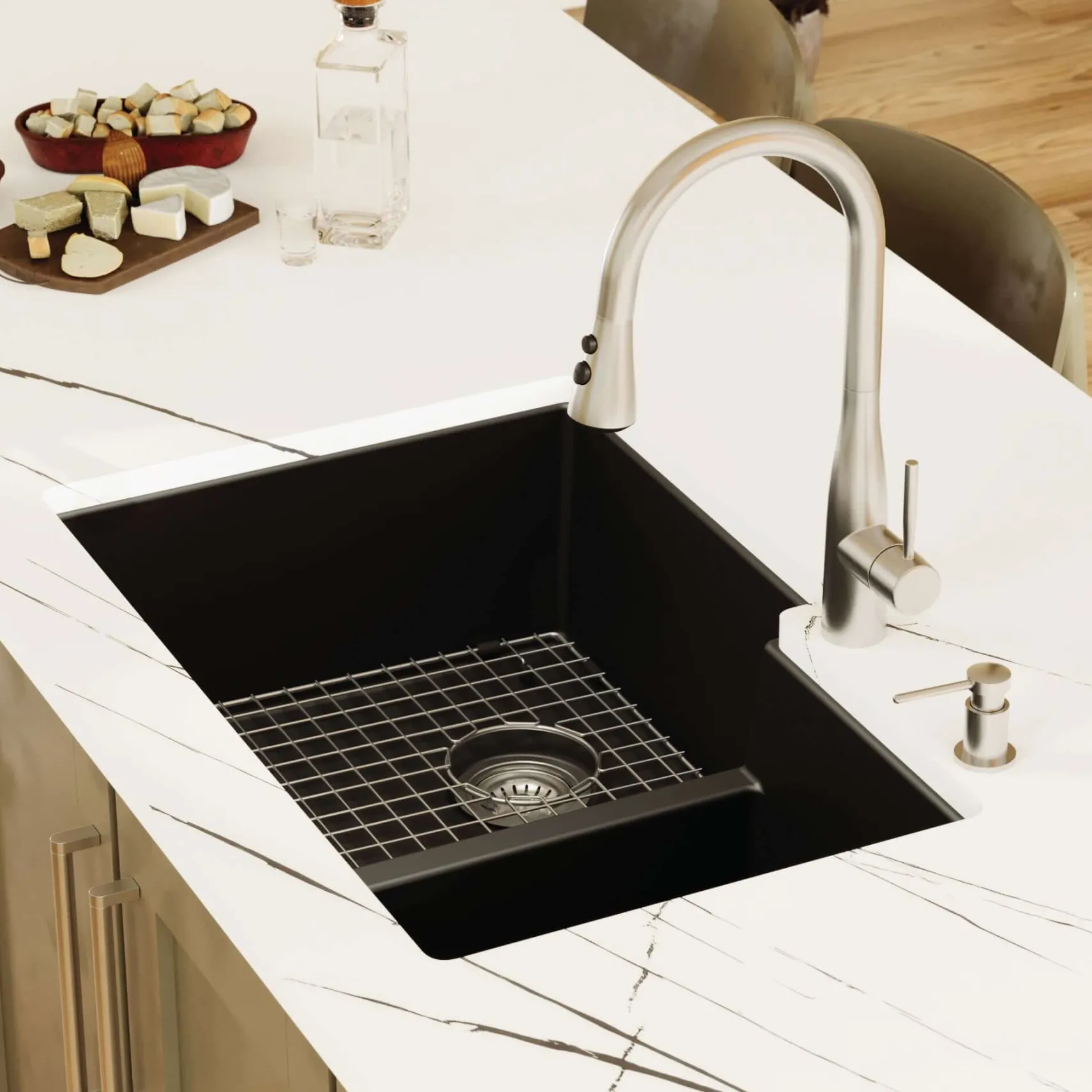 Karran 32" Undermount Quartz Composite Kitchen Sink with Accessories, 60/40 Double Bowl, Black, QU-811-BL-PK1