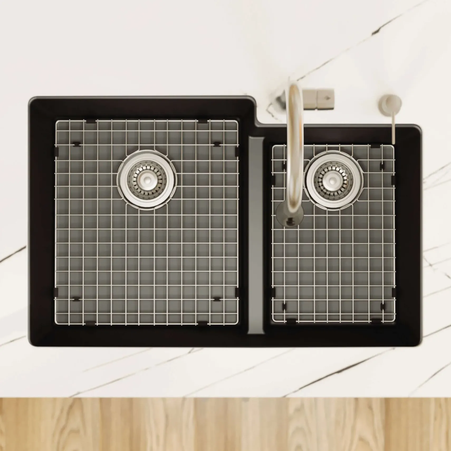 Karran 32" Undermount Quartz Composite Kitchen Sink with Accessories, 60/40 Double Bowl, Black, QU-811-BL-PK1