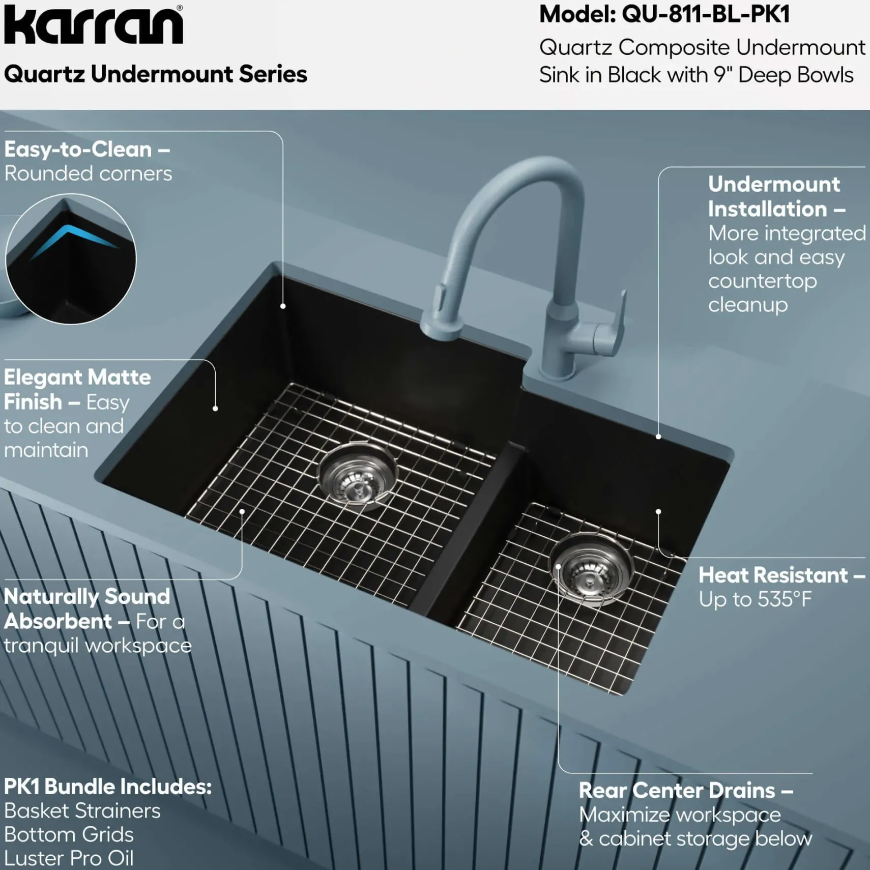 Karran 32" Undermount Quartz Composite Kitchen Sink with Accessories, 60/40 Double Bowl, Black, QU-811-BL-PK1