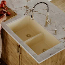 Karran 32" Undermount Quartz Composite Kitchen Sink, 50/50 Double Bowl, Bisque, QU-810-BI