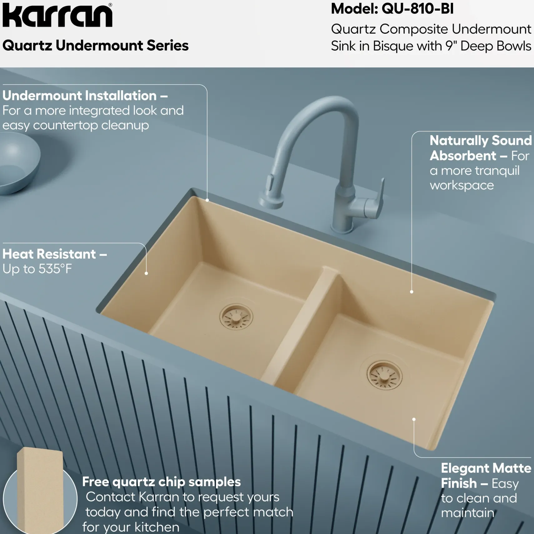 Karran 32" Undermount Quartz Composite Kitchen Sink, 50/50 Double Bowl, Bisque, QU-810-BI