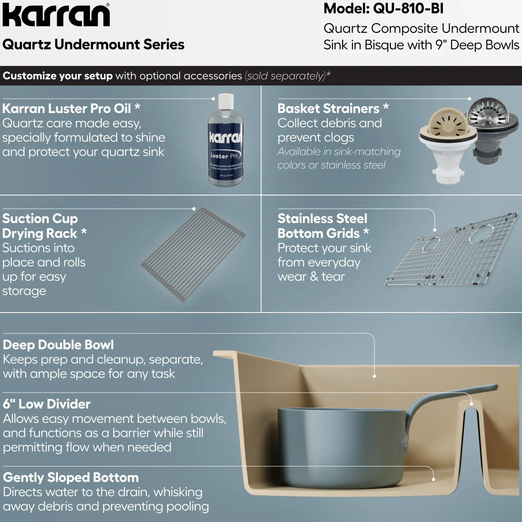 Karran 32" Undermount Quartz Composite Kitchen Sink, 50/50 Double Bowl, Bisque, QU-810-BI