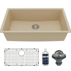 Karran 32" Undermount Quartz Composite Kitchen Sink with Accessories, Bisque, QU-812-BI-PK1