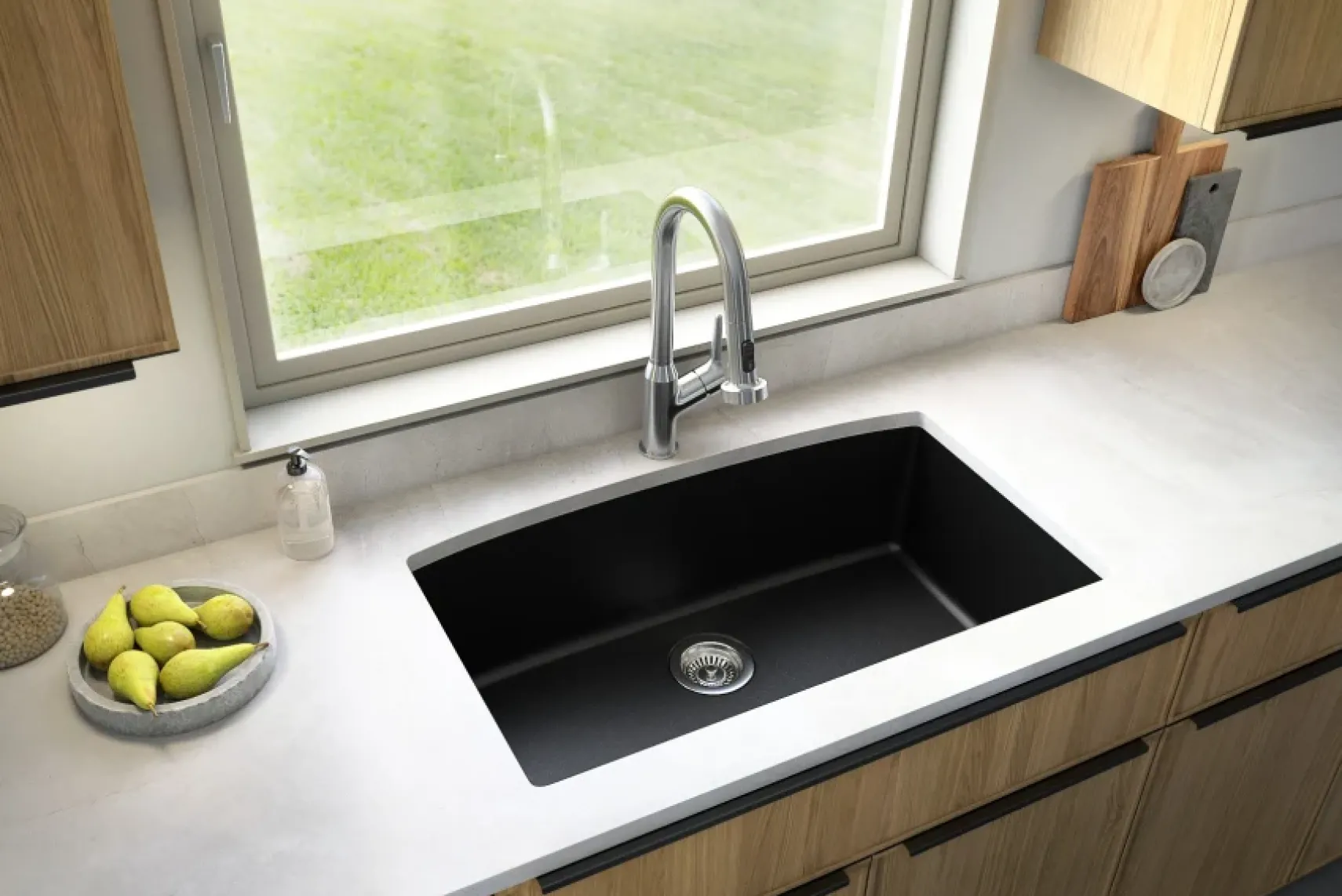 Karran 32" Undermount Quartz Composite Kitchen Sink, Black, QU-712-BL-PK1