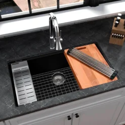 Karran 33" Undermount Quartz Composite Workstation Kitchen Sink with Accessories, Black, QUWS-875-BL