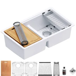 Karran 33" Undermount Quartz Composite Kitchen Sink, 50/50 Double Bowl, White, QUWS-880-WH