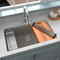 Karran 33" Undermount Quartz Composite Workstation Kitchen Sink with Accessories, Concrete, QUWS-875-CN