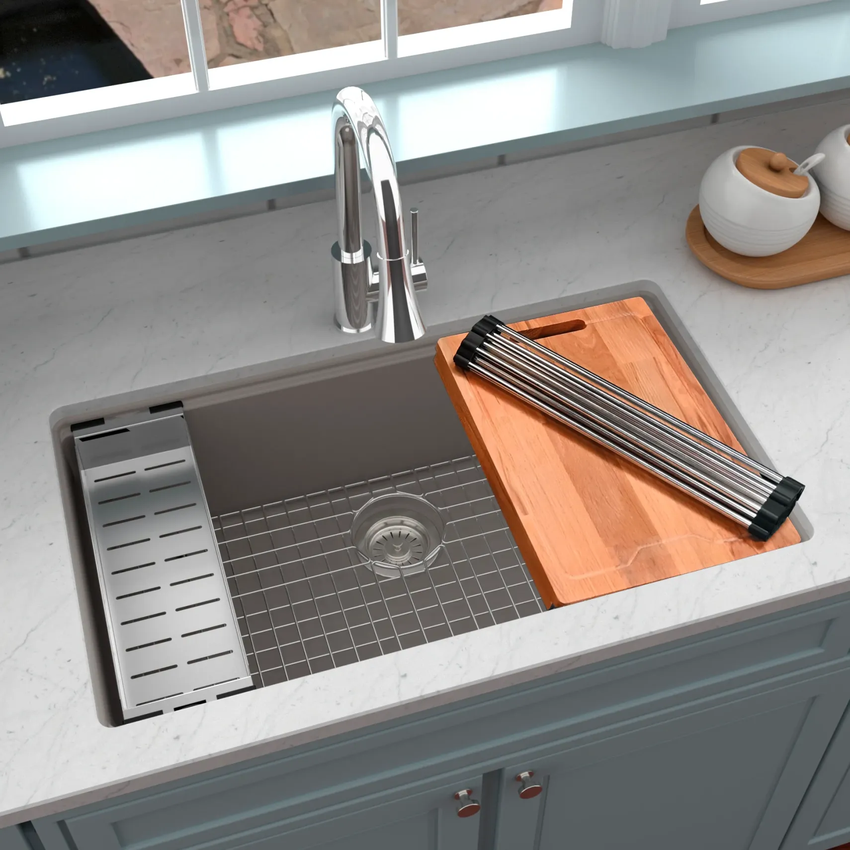 Karran 33" Undermount Quartz Composite Workstation Kitchen Sink with Accessories, Concrete, QUWS-875-CN