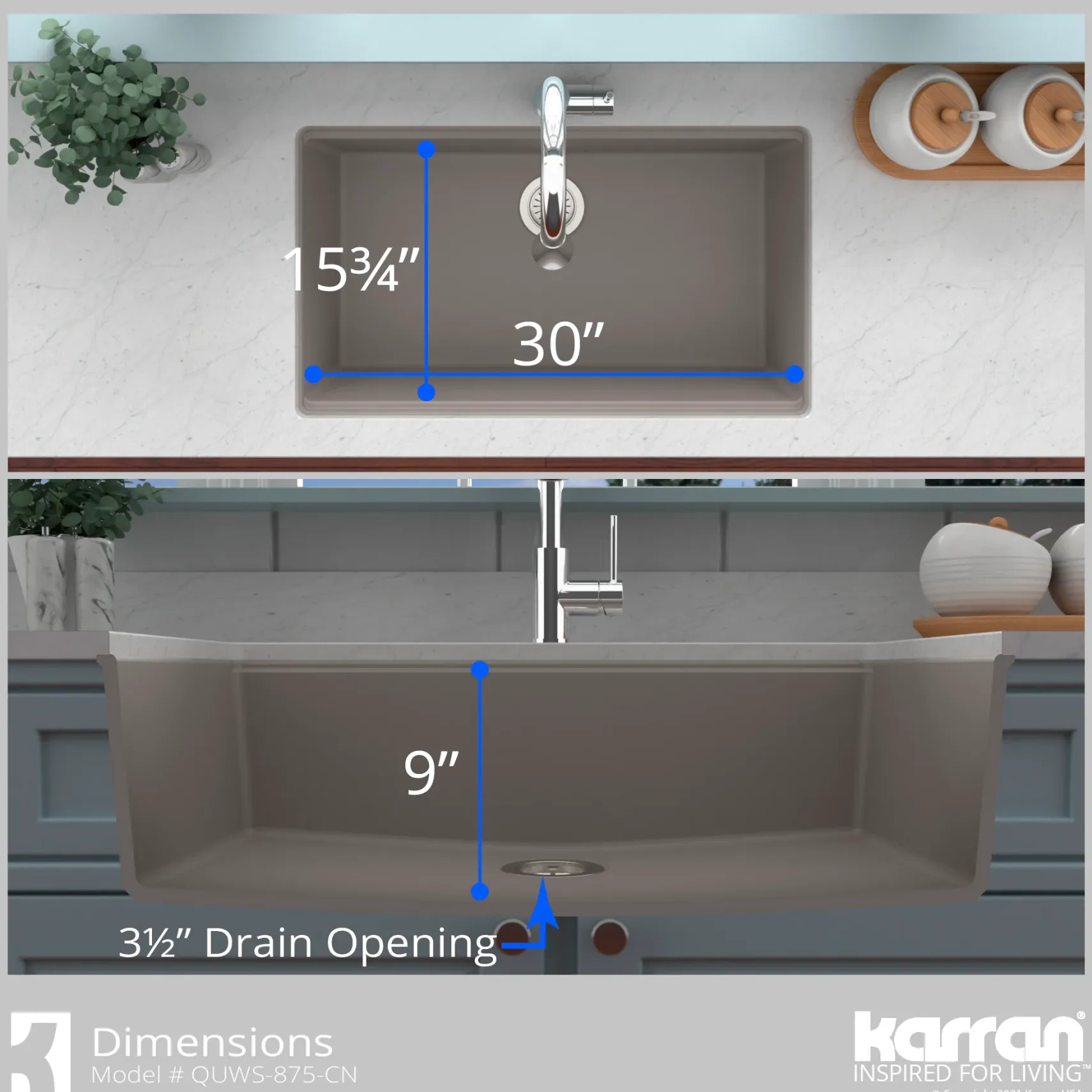 Karran 33" Undermount Quartz Composite Workstation Kitchen Sink with Accessories, Concrete, QUWS-875-CN