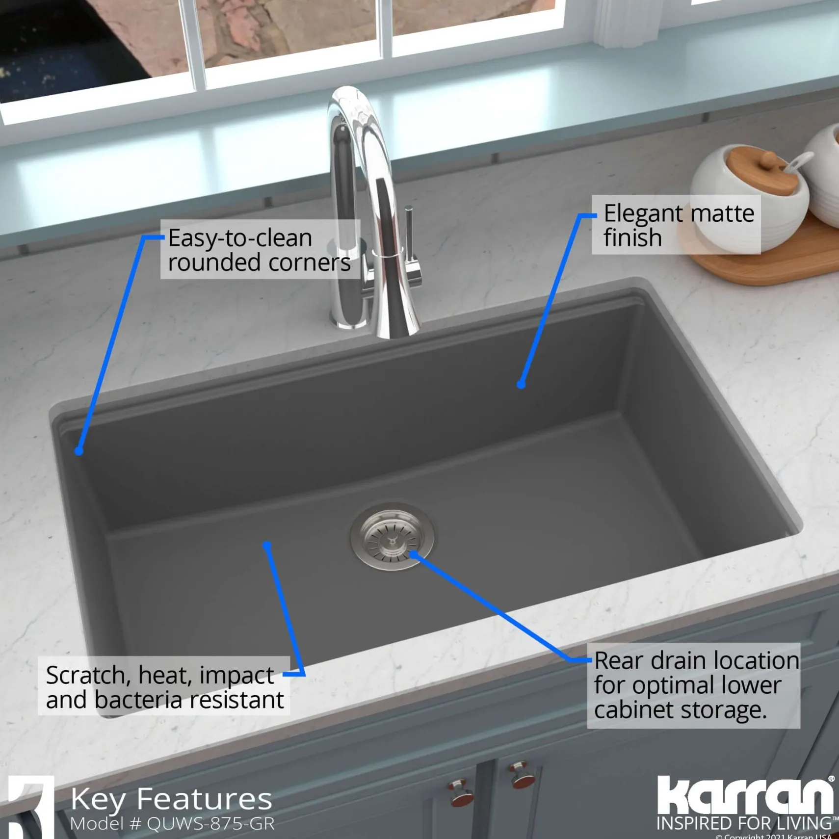 Karran 33" Undermount Quartz Composite Workstation Kitchen Sink with Accessories, Grey, QUWS-875-GR