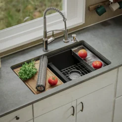 Karran 33" Undermount Quartz Composite Kitchen Sink, 50/50 Double Bowl, Black, QUWS-880-BL