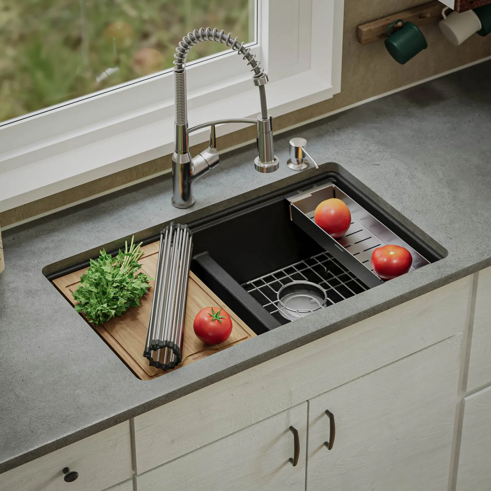 Karran 33" Undermount Quartz Composite Kitchen Sink, 50/50 Double Bowl, Black, QUWS-880-BL