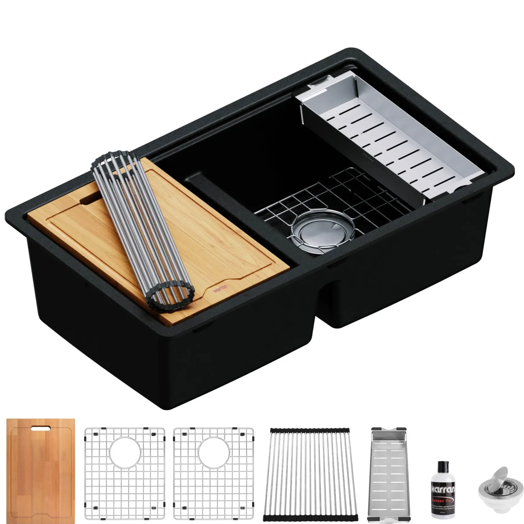 Karran 33" Undermount Quartz Composite Kitchen Sink, 50/50 Double Bowl, Black, QUWS-880-BL