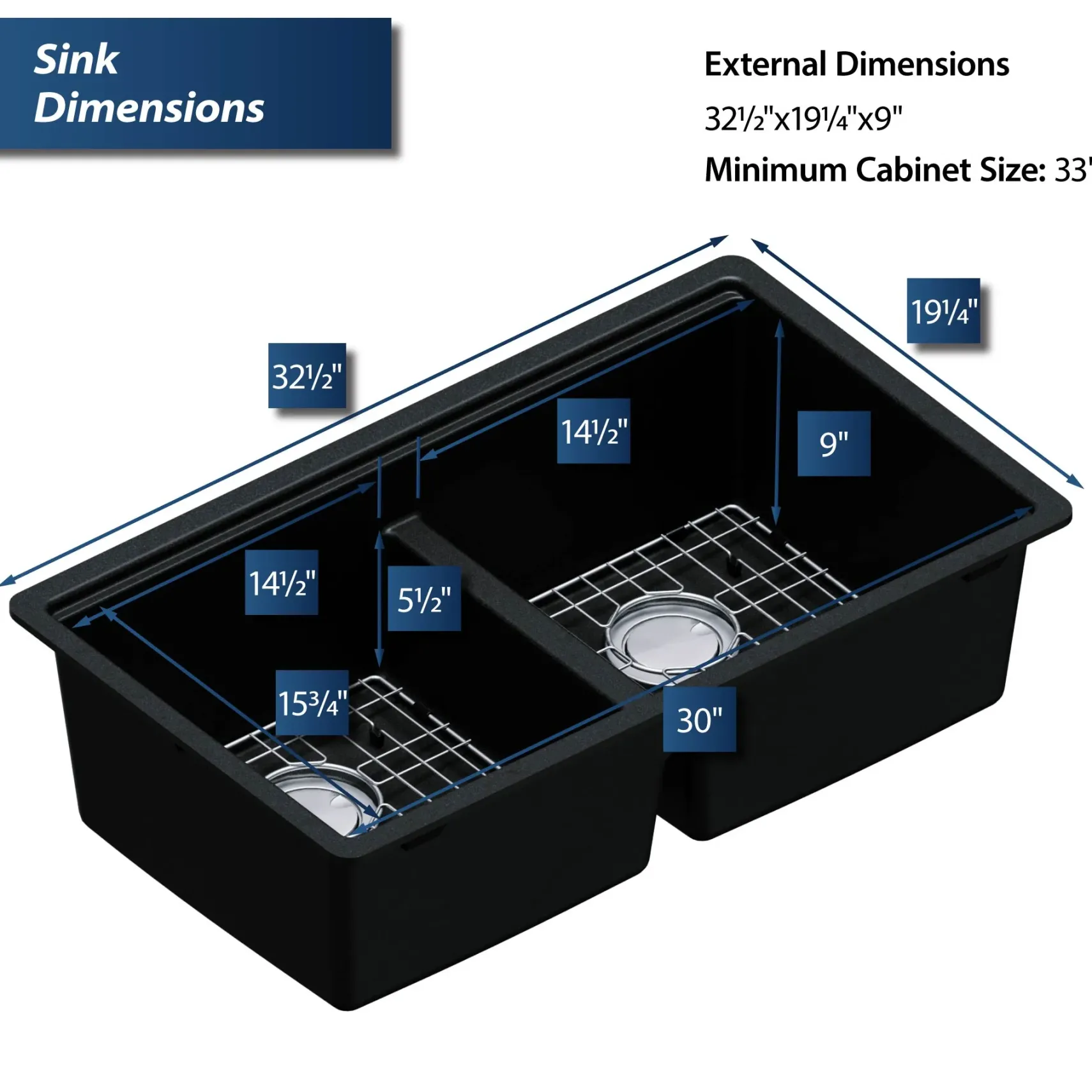 Karran 33" Undermount Quartz Composite Kitchen Sink, 50/50 Double Bowl, Black, QUWS-880-BL