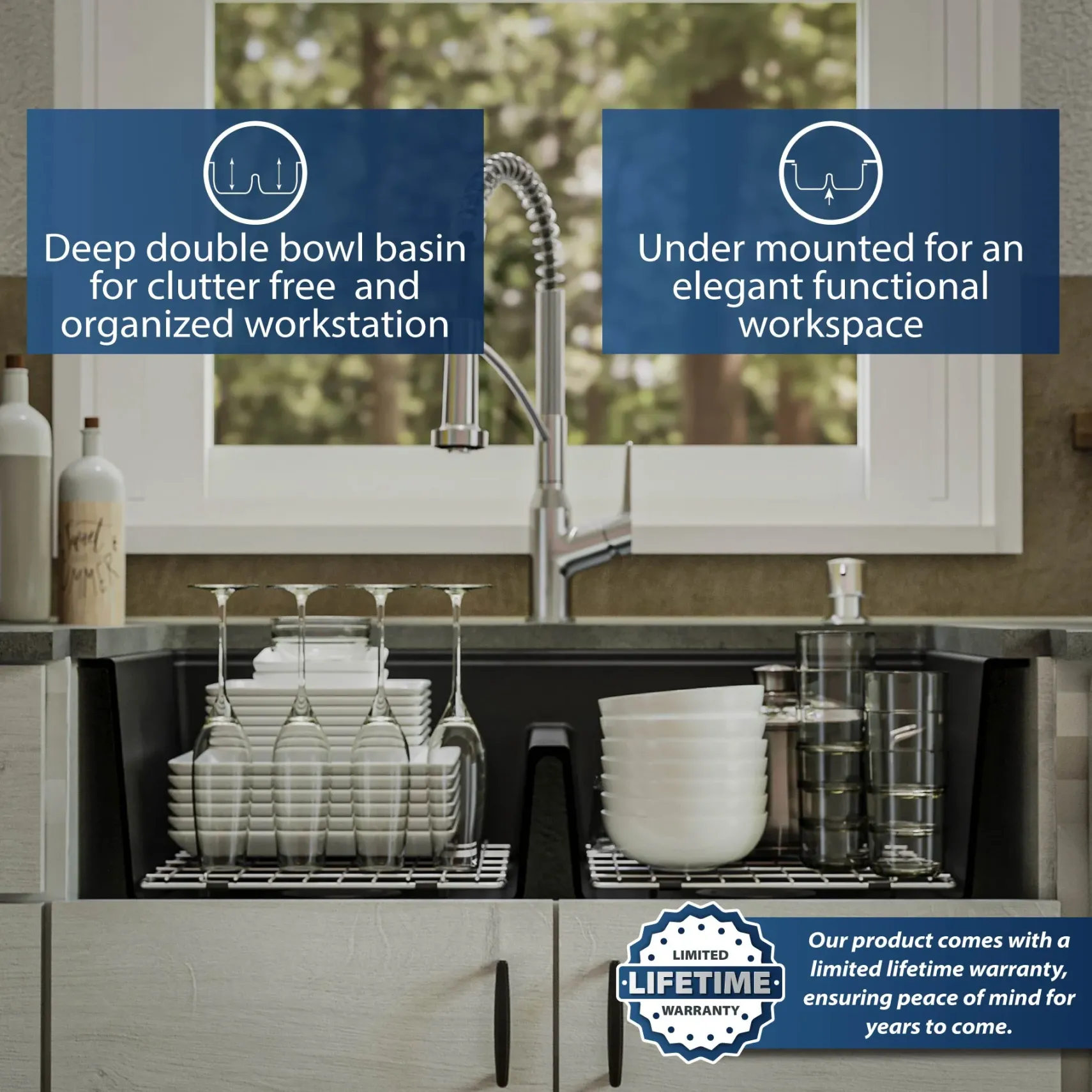 Karran 33" Undermount Quartz Composite Kitchen Sink, 50/50 Double Bowl, Black, QUWS-880-BL