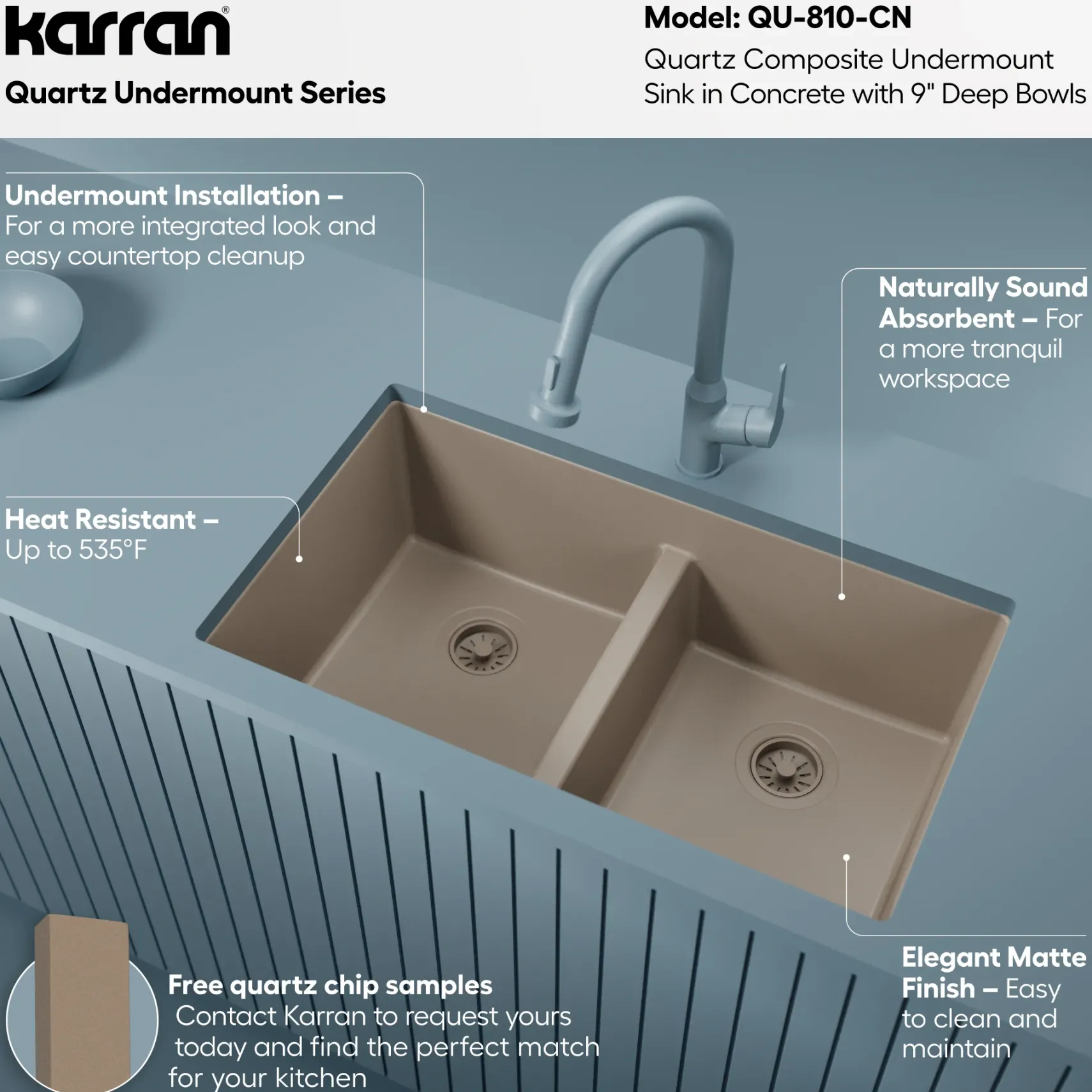 Karran 32" Undermount Quartz Composite Kitchen Sink, 50/50 Double Bowl, Concrete, QU-810-CN