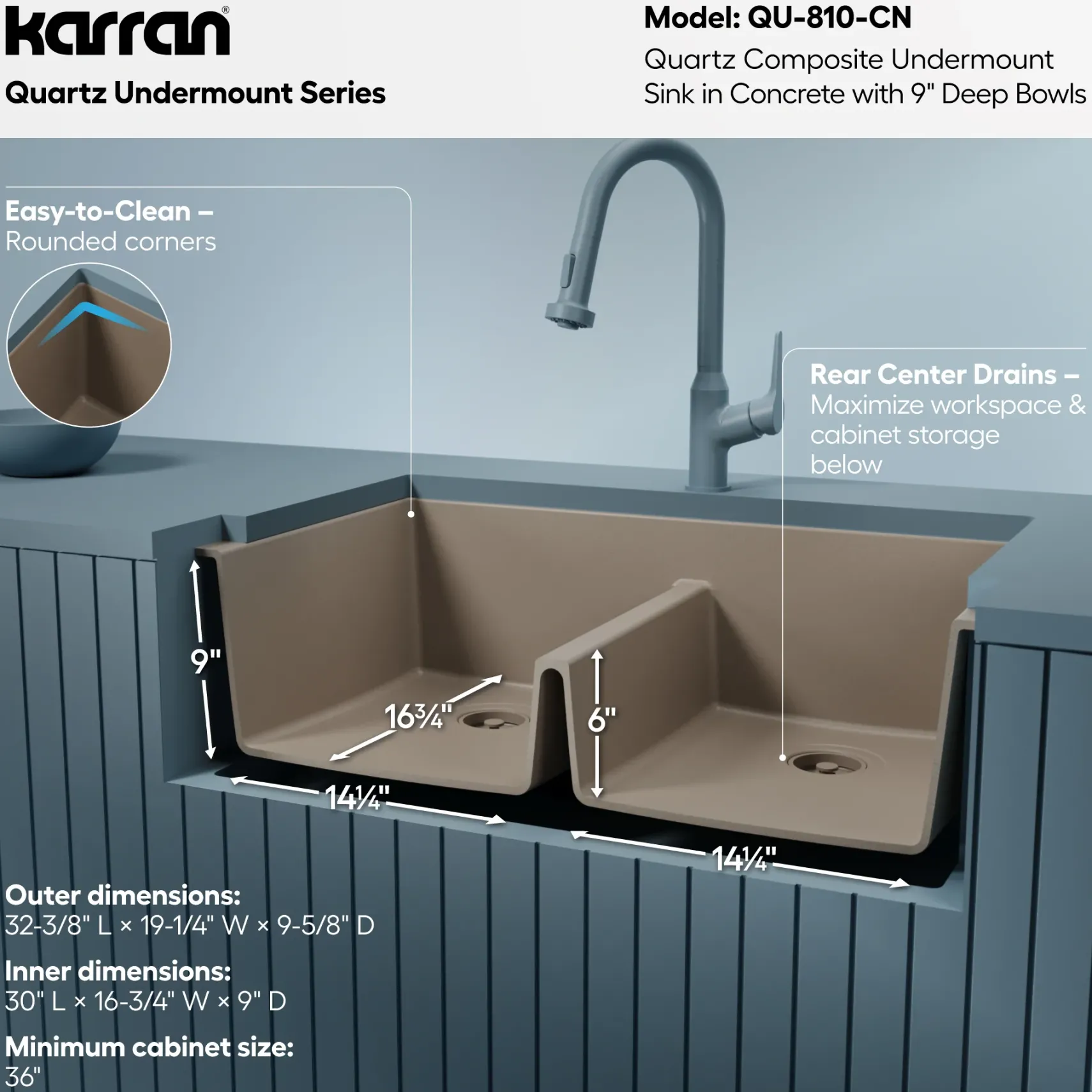 Karran 32" Undermount Quartz Composite Kitchen Sink, 50/50 Double Bowl, Concrete, QU-810-CN