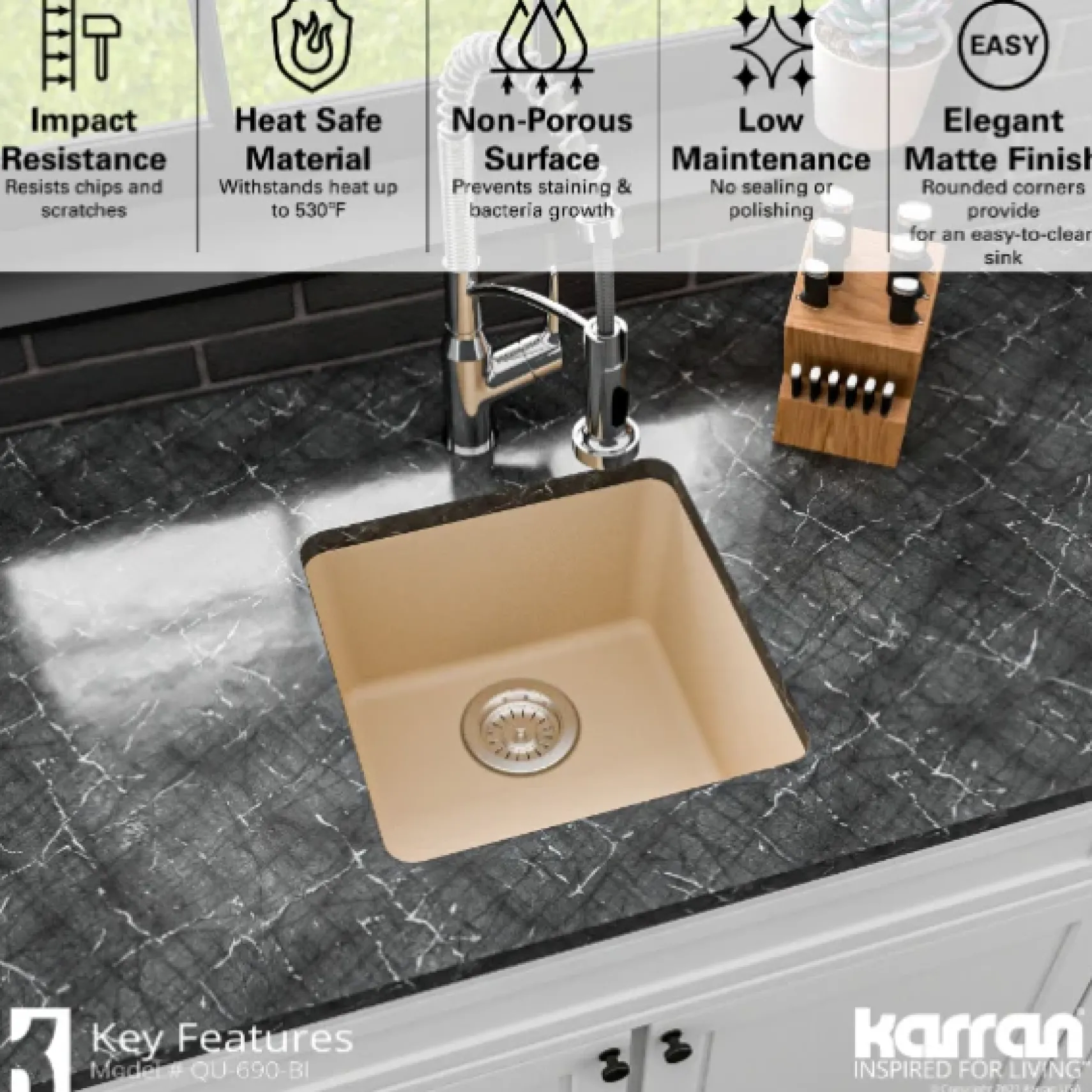 Karran 17" Undermount Quartz Composite Kitchen Sink, Bisque, QU-690-BI