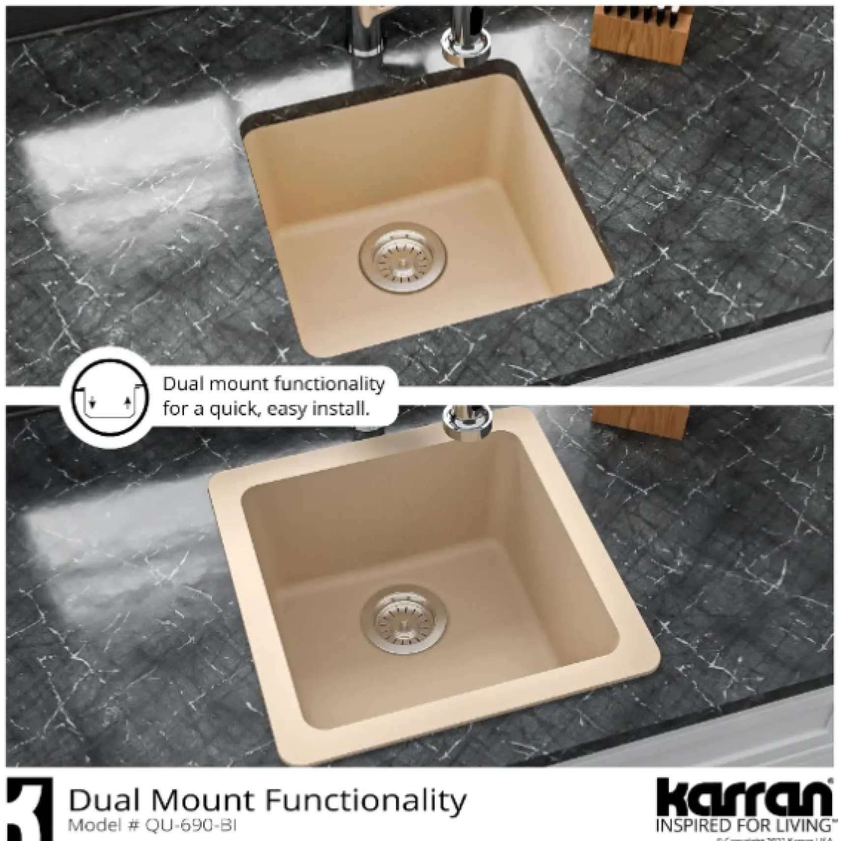 Karran 17" Undermount Quartz Composite Kitchen Sink, Bisque, QU-690-BI