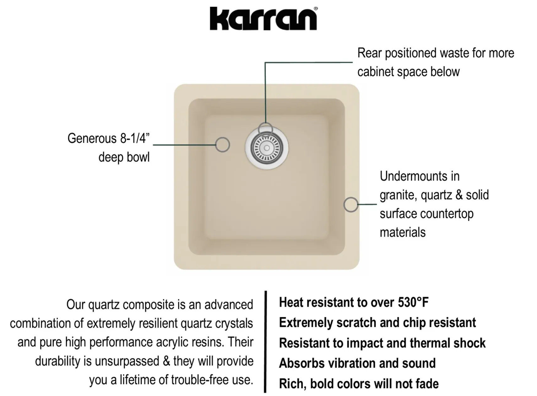 Karran 17" Undermount Quartz Composite Kitchen Sink, Bisque, QU-690-BI