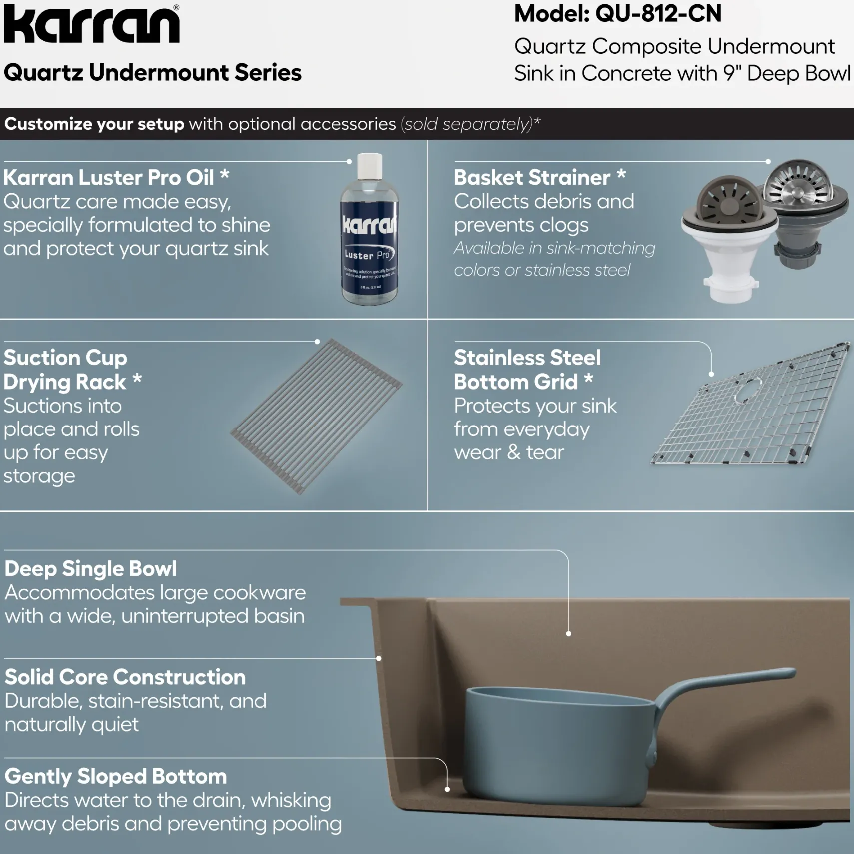 Karran 32" Undermount Quartz Composite Kitchen Sink, Concrete, QU-812-CN