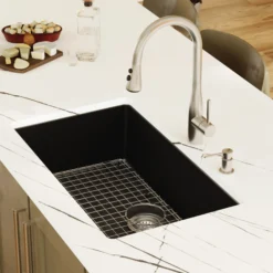 Karran 32" Undermount Quartz Composite Kitchen Sink with Accessories, Black, QU-812-BL-PK1
