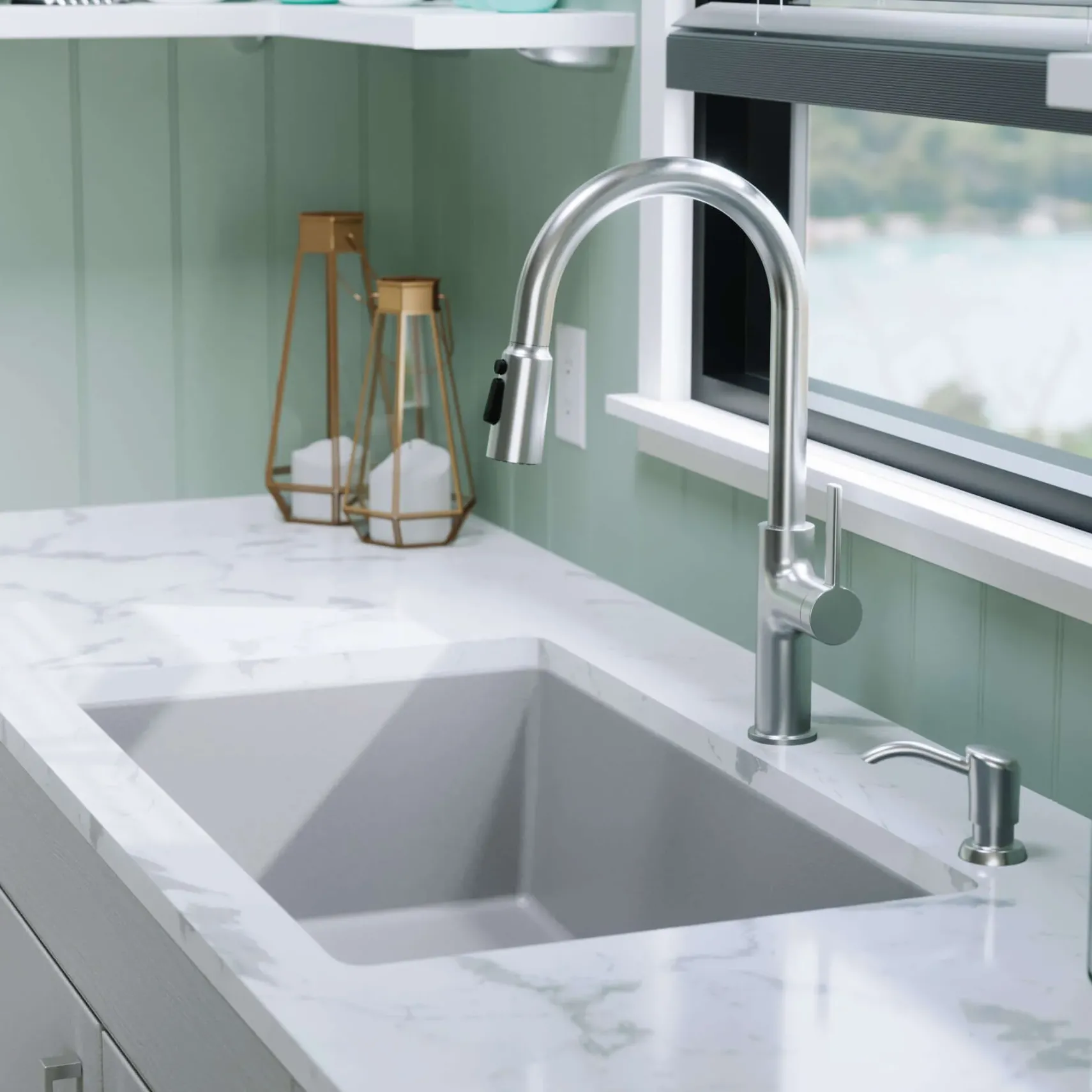 Karran 32" Undermount Quartz Composite Kitchen Sink, Grey, QU-812-GR