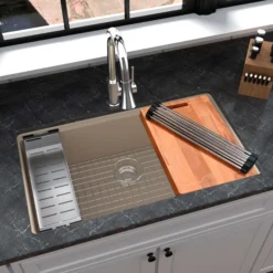 Karran 33" Undermount Quartz Composite Workstation Kitchen Sink with Accessories, Bisque, QUWS-875-BI
